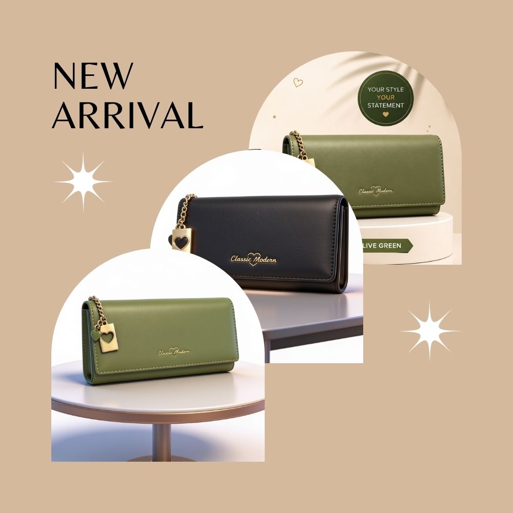 Classic modern ladies wallet with golden chain and heart lock